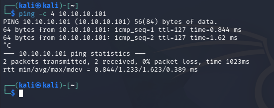 Kali terminal showing successful ICMP echo replies from WIN11-01
