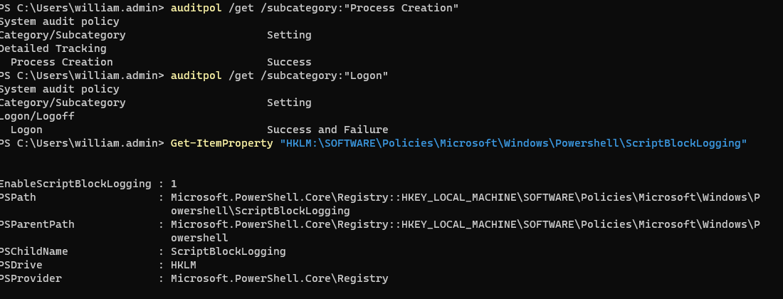 PowerShell showing process creation and logon auditing plus enabled PowerShell script-block logging