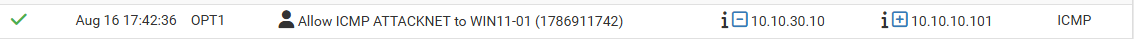 pfSense firewall log showing the allowed ICMP connection from 10.10.30.10 to 10.10.10.101