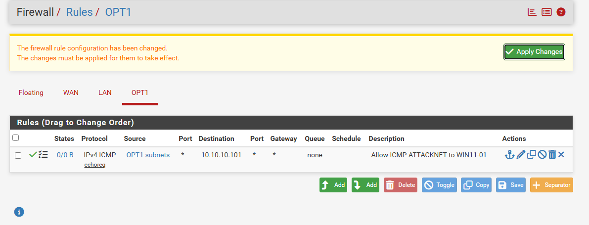 pfSense OPT1 firewall rule allowing only ICMP echo requests from ATTACKNET to WIN11-01