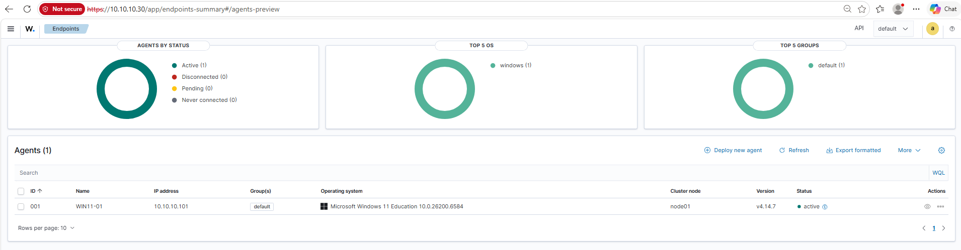 Wazuh dashboard showing WIN11-01 enrolled as an active Windows agent