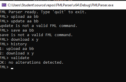 FML parser console showing two valid commands in history followed by a successful integrity validation