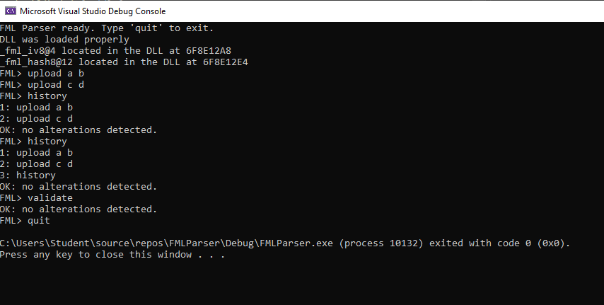 FML parser console confirming the hash DLL and both exported functions loaded before history validation succeeded