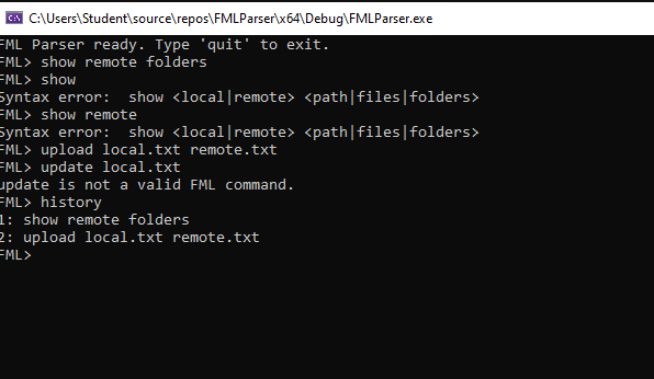 FML parser console showing syntax errors excluded from history while two valid commands are recorded