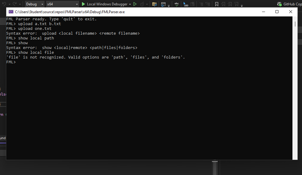 FML parser console showing accepted commands and specific errors for invalid argument counts and options