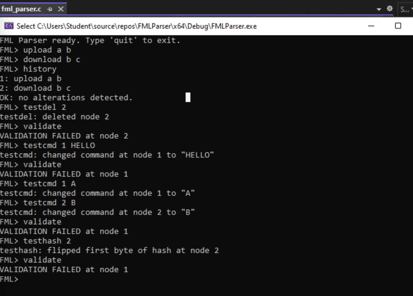 FML parser console showing validation failures after a node deletion, command changes, and a stored hash modification