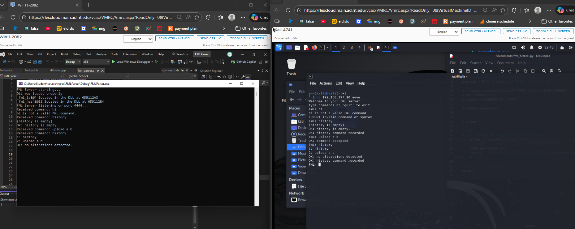 Windows FML server and Kali client consoles exchanging validated commands over TCP port 4444