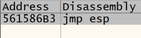 Debugger result listing a jmp esp instruction at address 0x561586B3