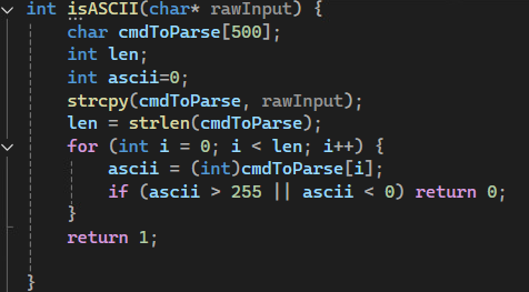 Source code for the vulnerable isASCII function showing a 500-byte stack buffer followed by an unbounded strcpy call