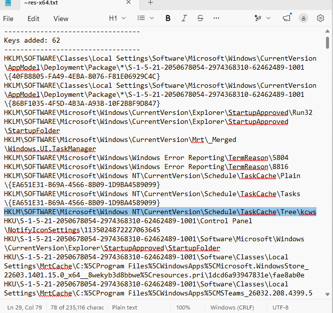 Regshot results highlighting a new Windows Task Scheduler cache entry named kcws