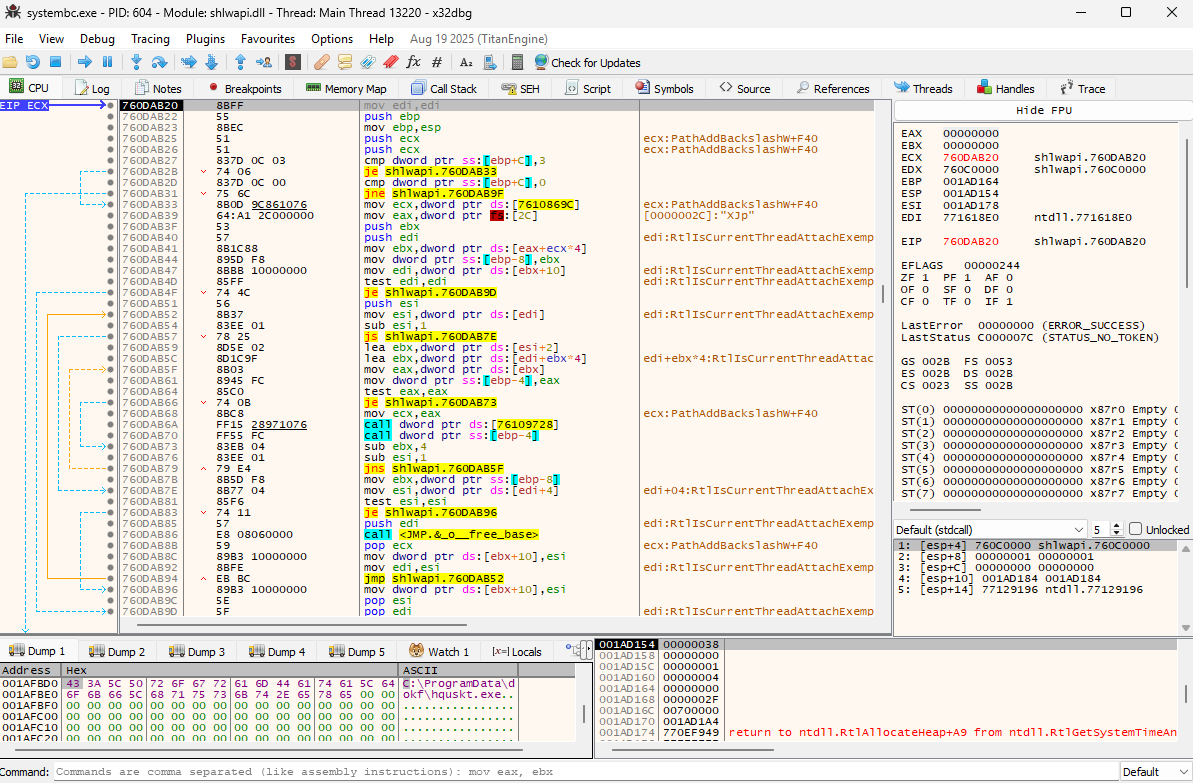 x32dbg memory view showing the dropped executable path C ProgramData dokf hqusk.exe